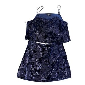 akaiv Navy Blue Sequin Two Piece Set Cami Top Skirt Women's Size L